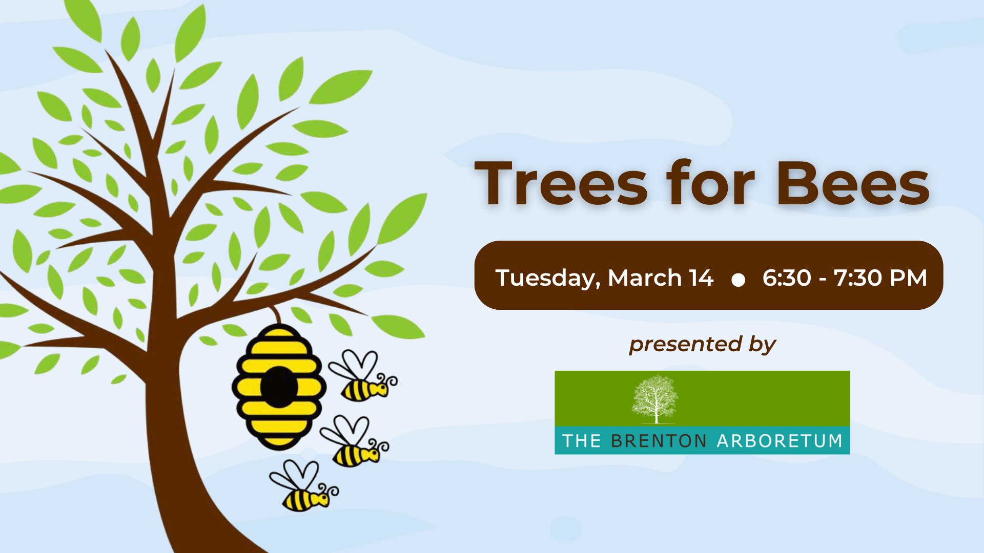 drawing of tree with hive, 3 bees and info for date/time of program