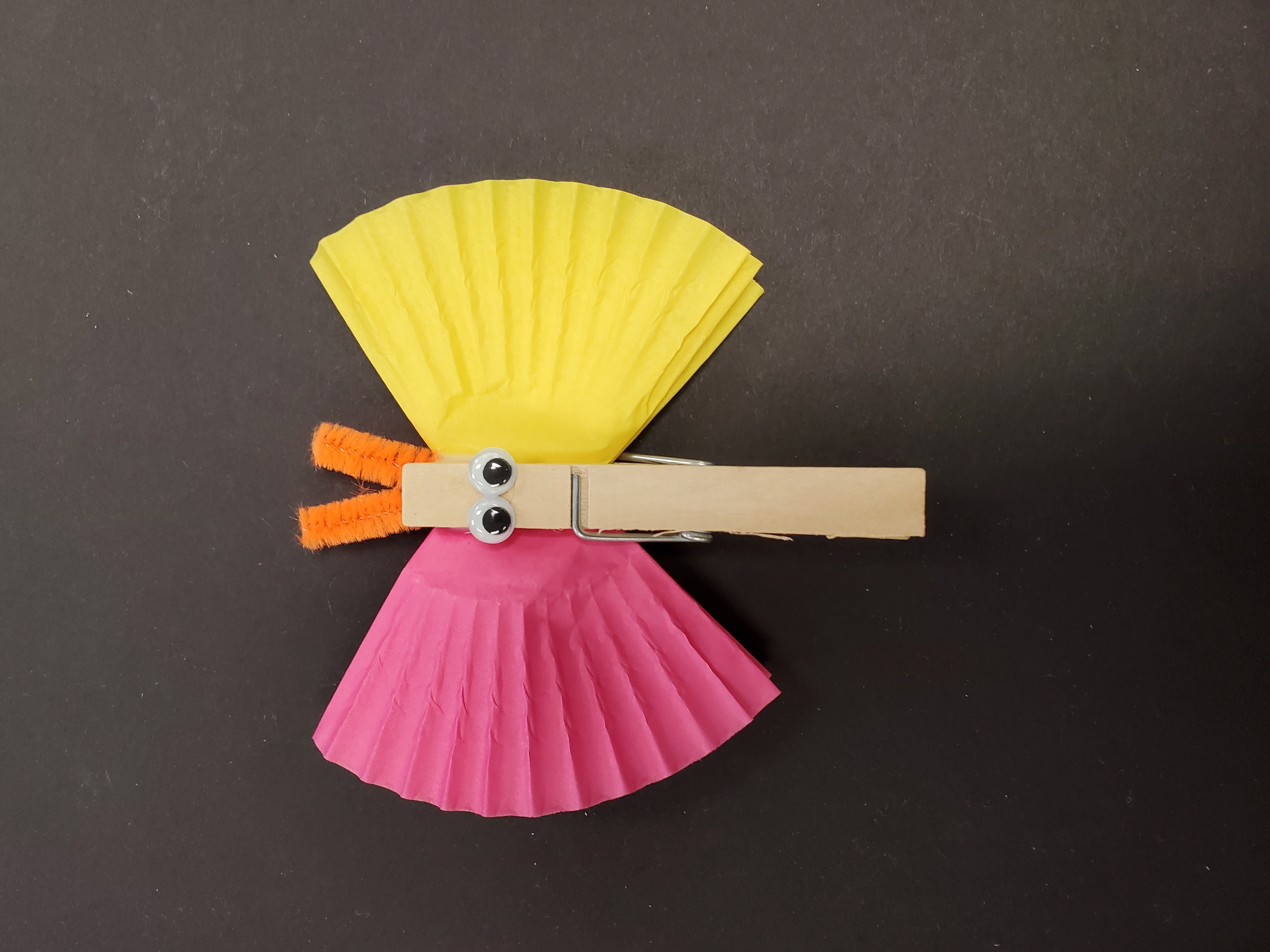 Image of a clothes pin with two colorful cupcake liners folded into wings (one wing is pink and one is yellow). On the clothes pin there are two googly eyes, and two orange antennae made out of pipecleaners. The background of this image is black.