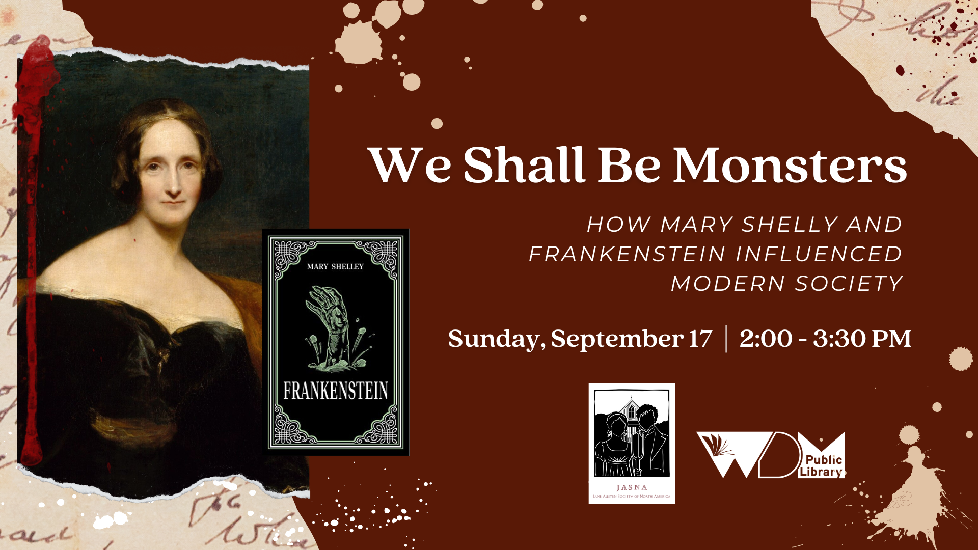 image of Mary Shelley; logos for JAS and WDM Library; date/time of program