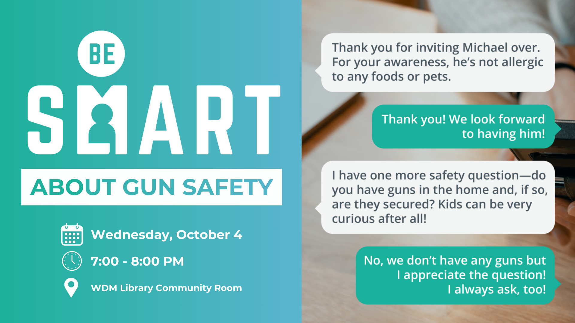 Logo for BeSMART; date/time of program; text dialogue re: guns in the home