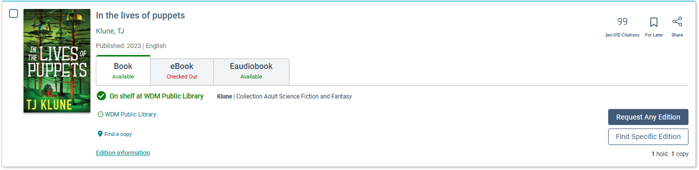Vega Discover screengrab of the book In The Lives of Puppets by TJ Klune