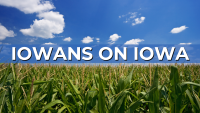 Image reading "Iowans on Iowa" with cornfield in the background