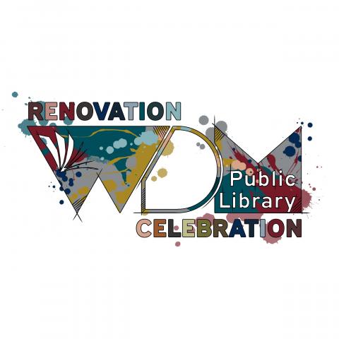 WDM Library Logo with Renovation Celebration wording