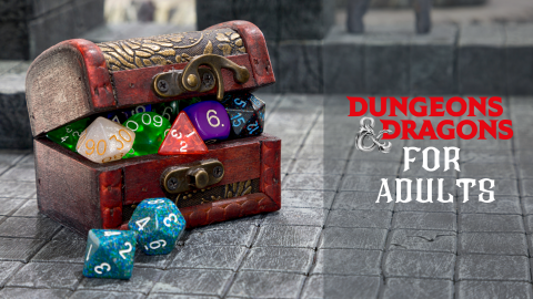 image of small trunk with dice and words "Dungeons and Dragons for Adults"