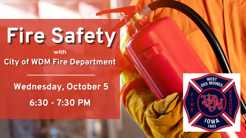 image of fire extinguisher, WDM Fire Dept logo and info about date/time of program