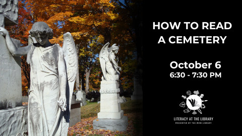 Photo of angel statues with information about date/time of program