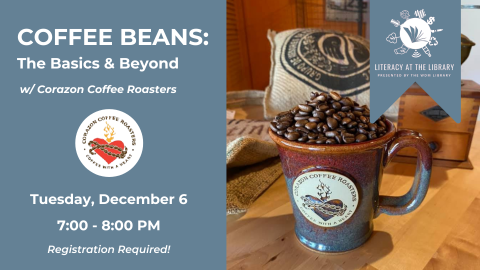 Picture of coffee cup and beans and info about date/time of program