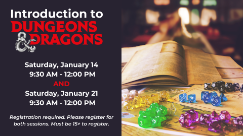 Image of colored dice on table and information about the program date/time