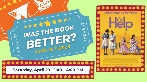 blue ticket with orange and green background; image of movie poster; date/time of program