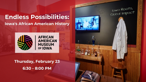 Photo from exhibit with chalkboard, screen and hanging coat; info with date/time of program