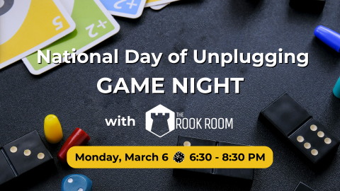 image of uno cards and game pieces; info with date/time of program