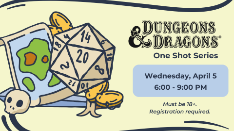 image of drawn dice and map, info about date/time of program
