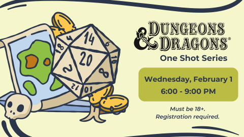 image of drawn dice and map, info about date/time of program