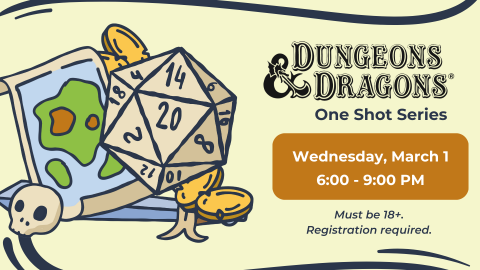 image of drawn dice and map, info about date/time of program