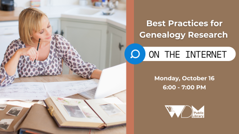 Woman looking at scrapbook photos; date/time of program