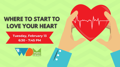 illustration of two hands holding a heart with EKG in middle; date and time of program