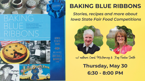 photo of book cover for Baking Blue Ribbons, photos of authors, date/time of program