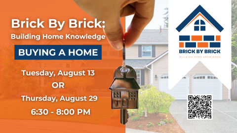 image of hand holding key and a house; date/time of program