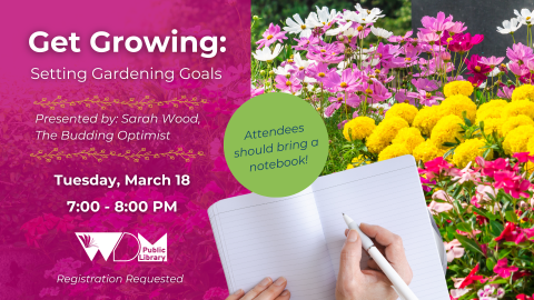 photo of flowers, hand holding notebook/pen; date/time of program