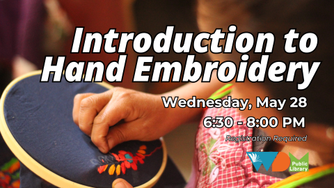 photo of person with embroidery circle; date/time of programs