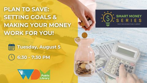 hand dropping coins into jar, hand with calculator; date/time of program