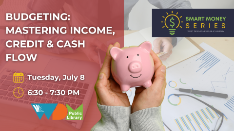 hands holding piggy bank; date/time of program