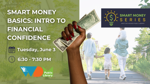 hand holding money, photo of the back of 2 adults with 2 children; date/time of program