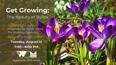 Photo of purple crocuses; date/time of program