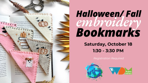 photo of embroidered corner bookmark; date/time of program