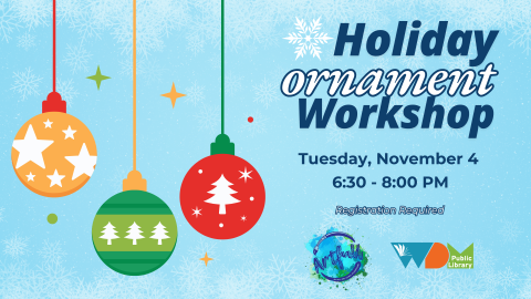 illustration of hanging round ornaments; date/time of program