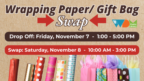 image of wrapping paper rolls and gift bags; date/time of program