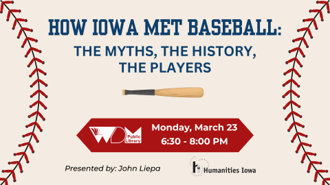 illustration of baseball stitching on edges; date/time of program