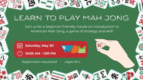 graphic of mah jong tiles around edge; date/time of program