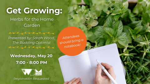 Photo of herbs and hand writing in journal; date/time of program