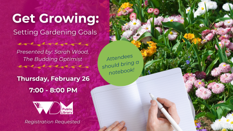 image of flowers and person's hands writing in a journal; date/time of program