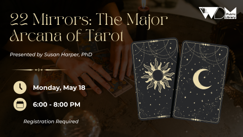 background photo of hands with tarot cards; date/time of program