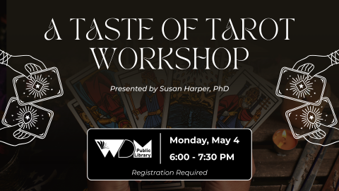 graphic of hands and tarot cards; date/time of program