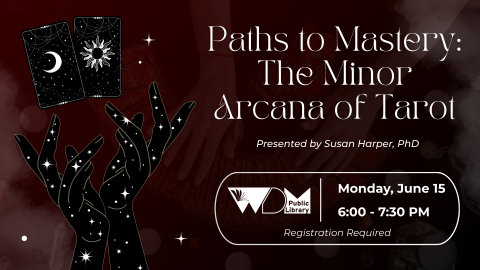 graphic of hands with 2 tarot cards; date/time of program