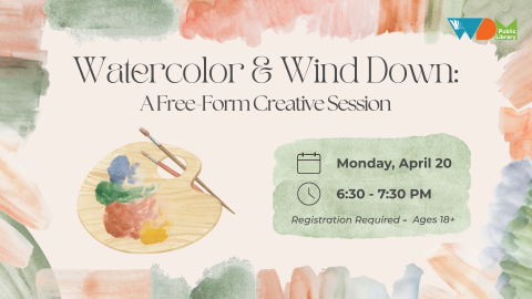 light colored background and illustration of paint palette; date/time of program