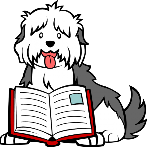 picture of a sheepdog with a book