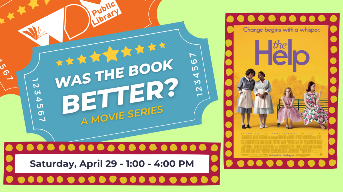 blue ticket with orange and green background; image of movie poster; date/time of program