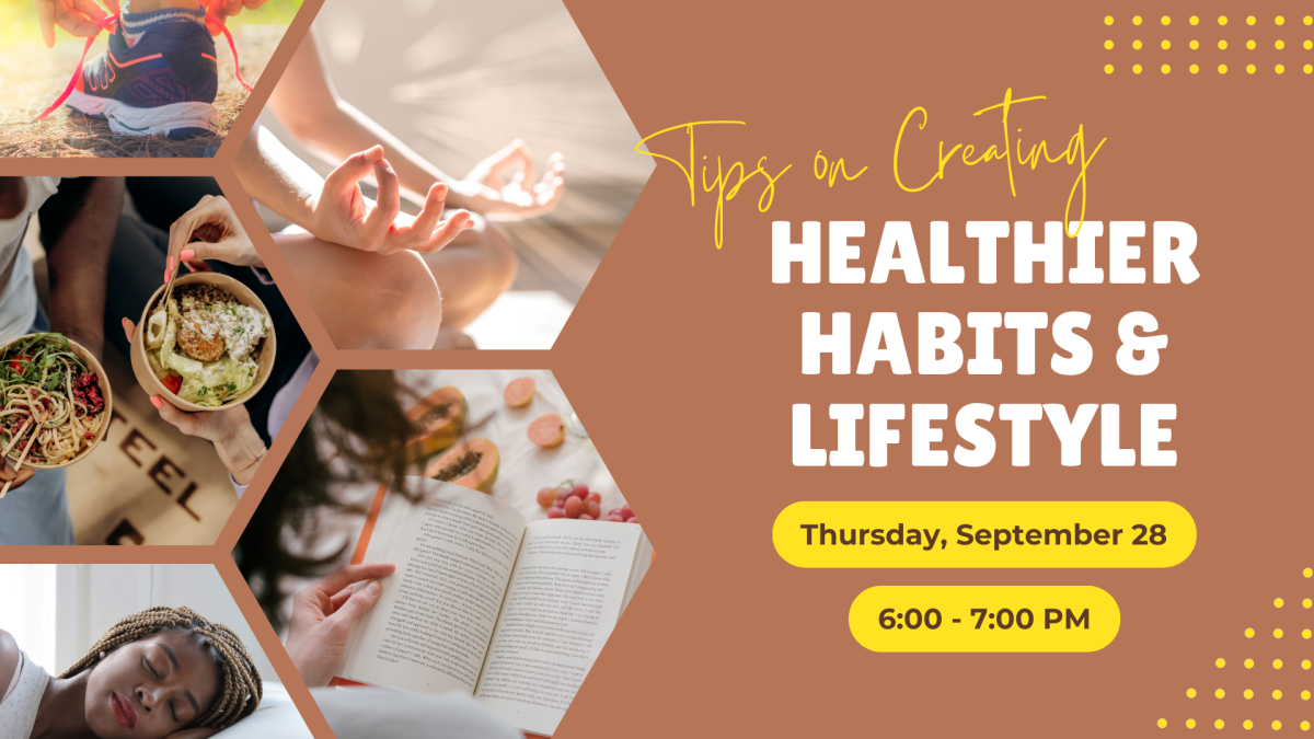 images  of person tying shoe, meditating, reading, eating; date/time of program