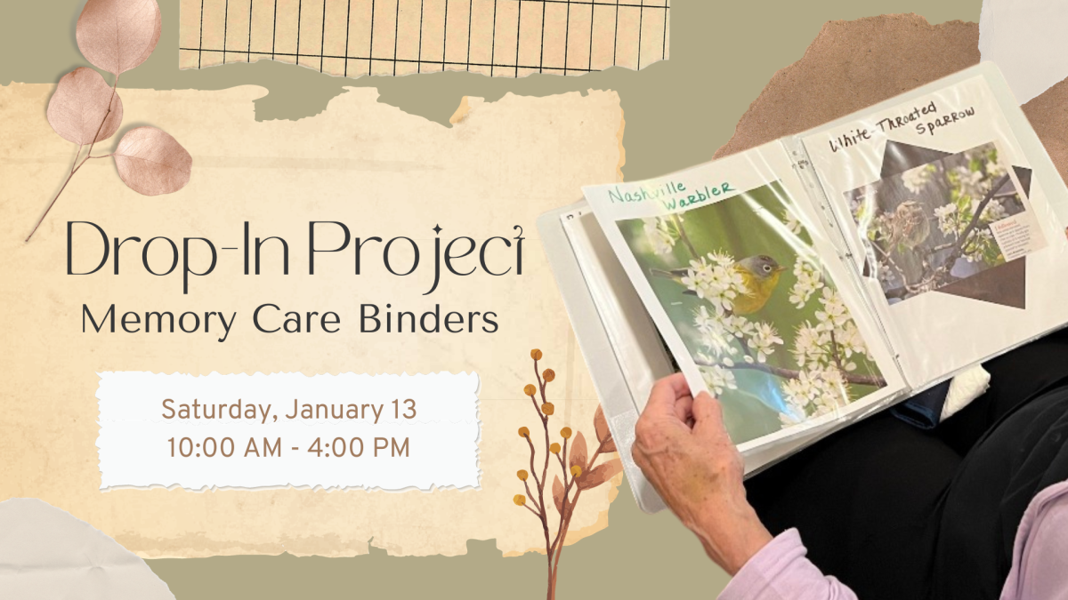 image of open binder with pictures; date/time of program