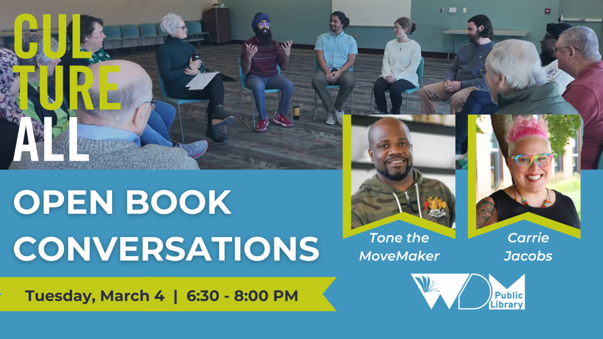 Image of people sitting and talking; photos of both Books; date/time of program