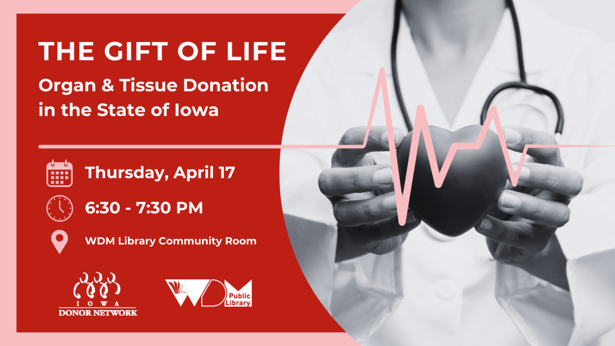 b/w photo of medical professional holding heart shape; date/time of program