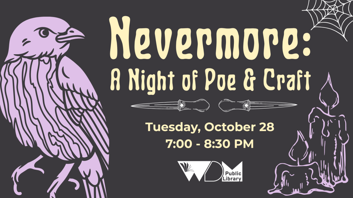 illustration of raven; date/time of program