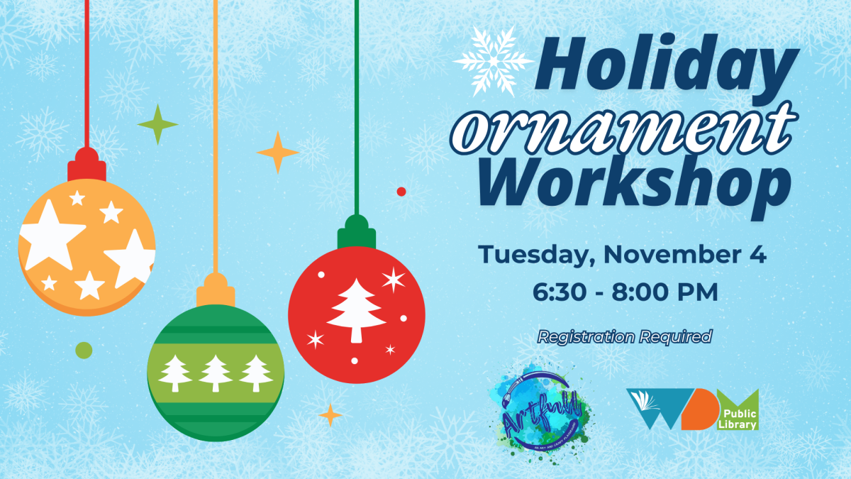 illustration of hanging round ornaments; date/time of program