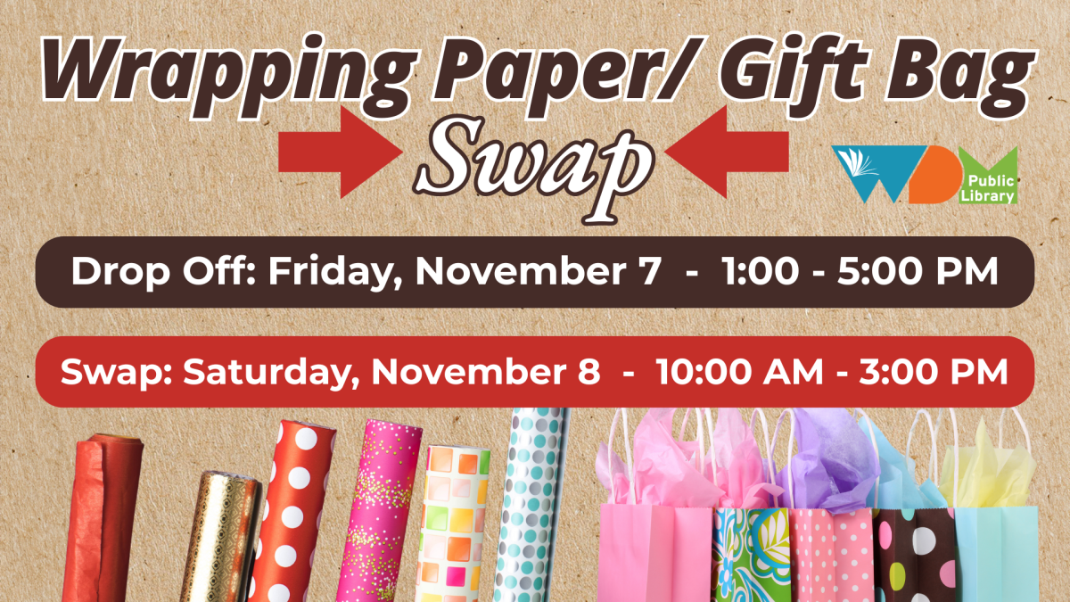 image of wrapping paper rolls and gift bags; date/time of program