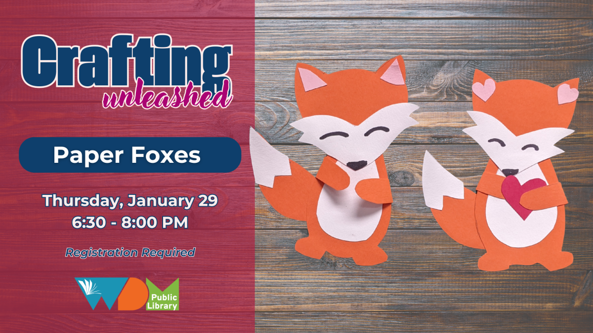 photo of two paper fox crafts; date/time of program