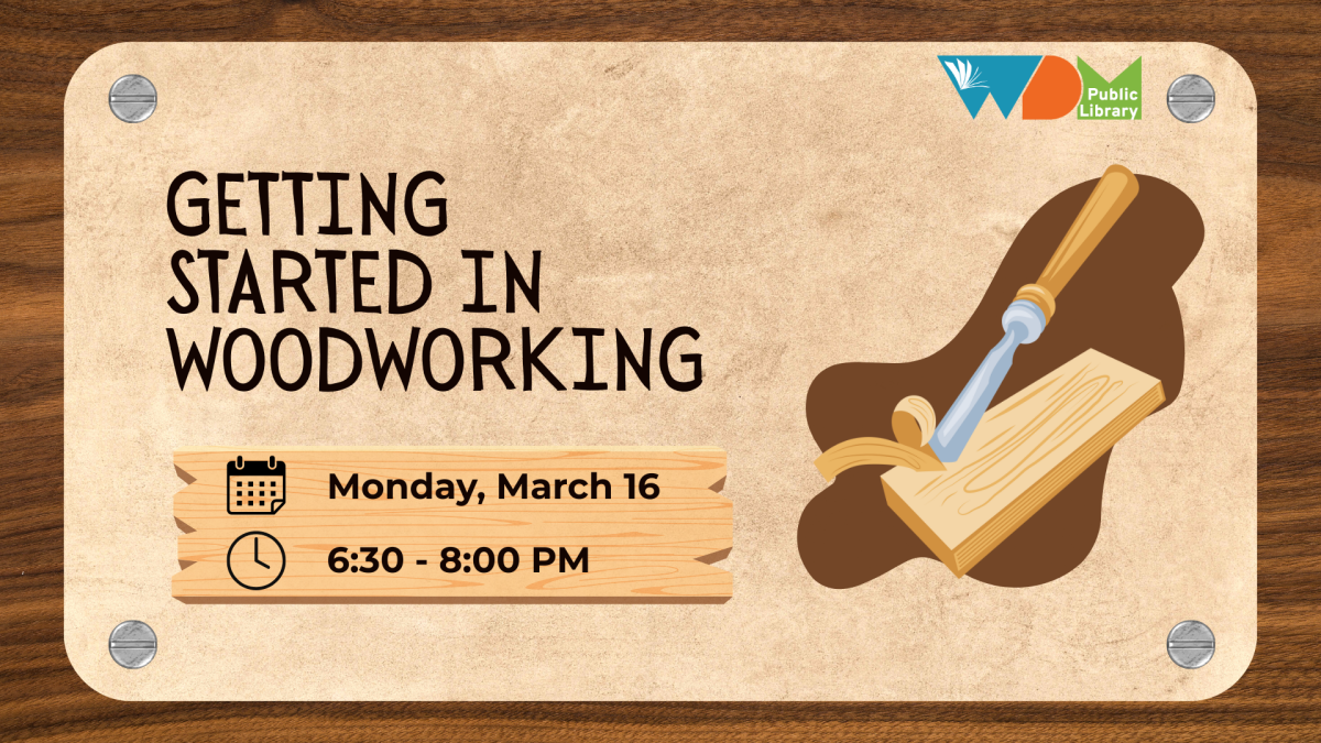 graphic of woodworking tool; date/time of program